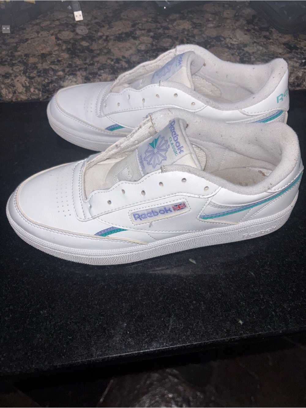 Vegan Reebok White Leather Low-Top Sneakers with Teal and Purple Trim